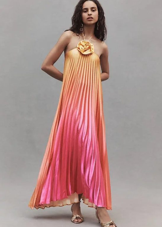 Halter Pleated Ombre Sat Maxi Dress